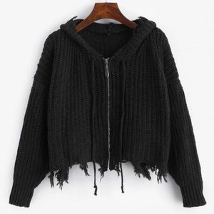 Hooded Zip Up Frayed Cardigan from ZAFUL